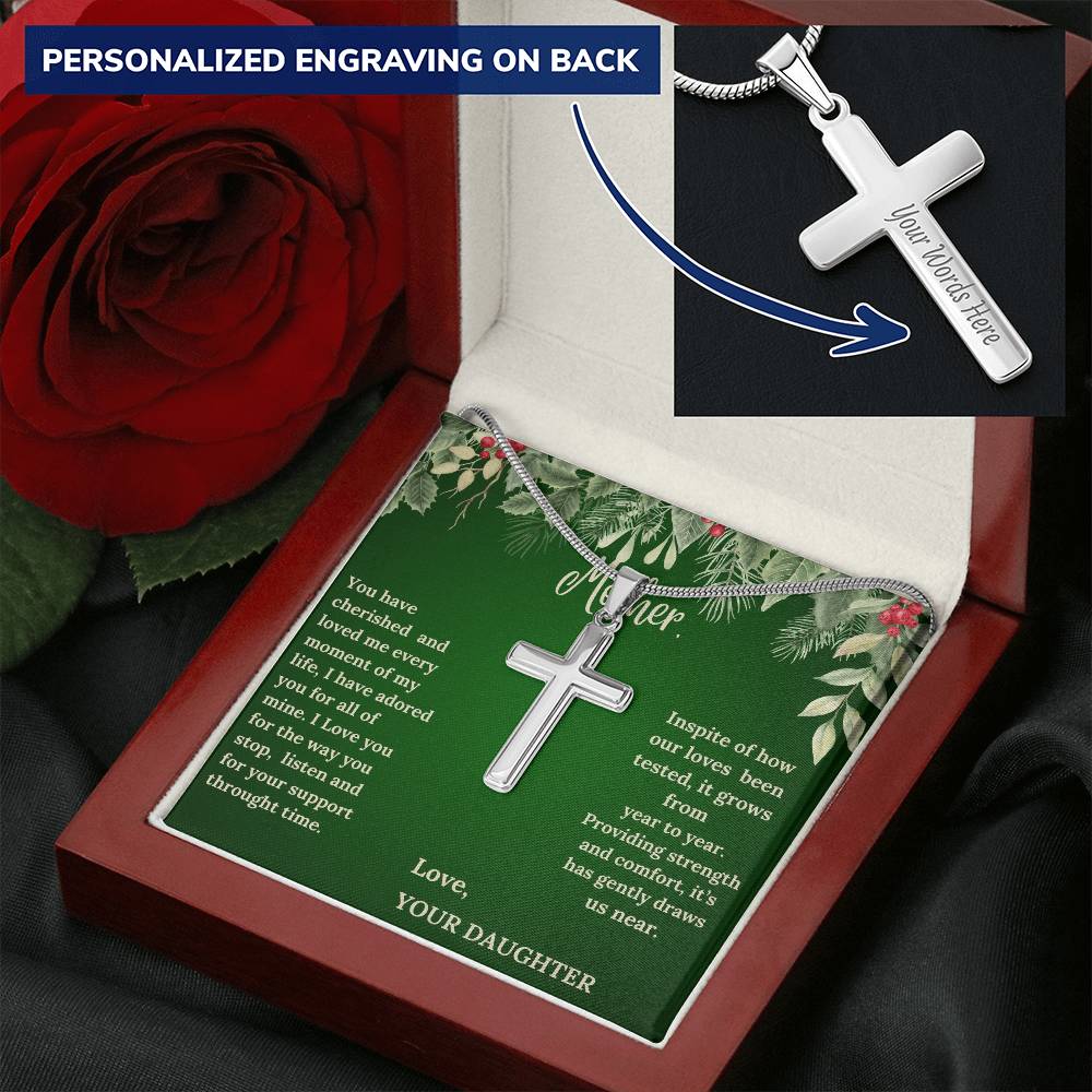 Engraved Stainless Steel Cross Necklace - "Message from a Daughter"