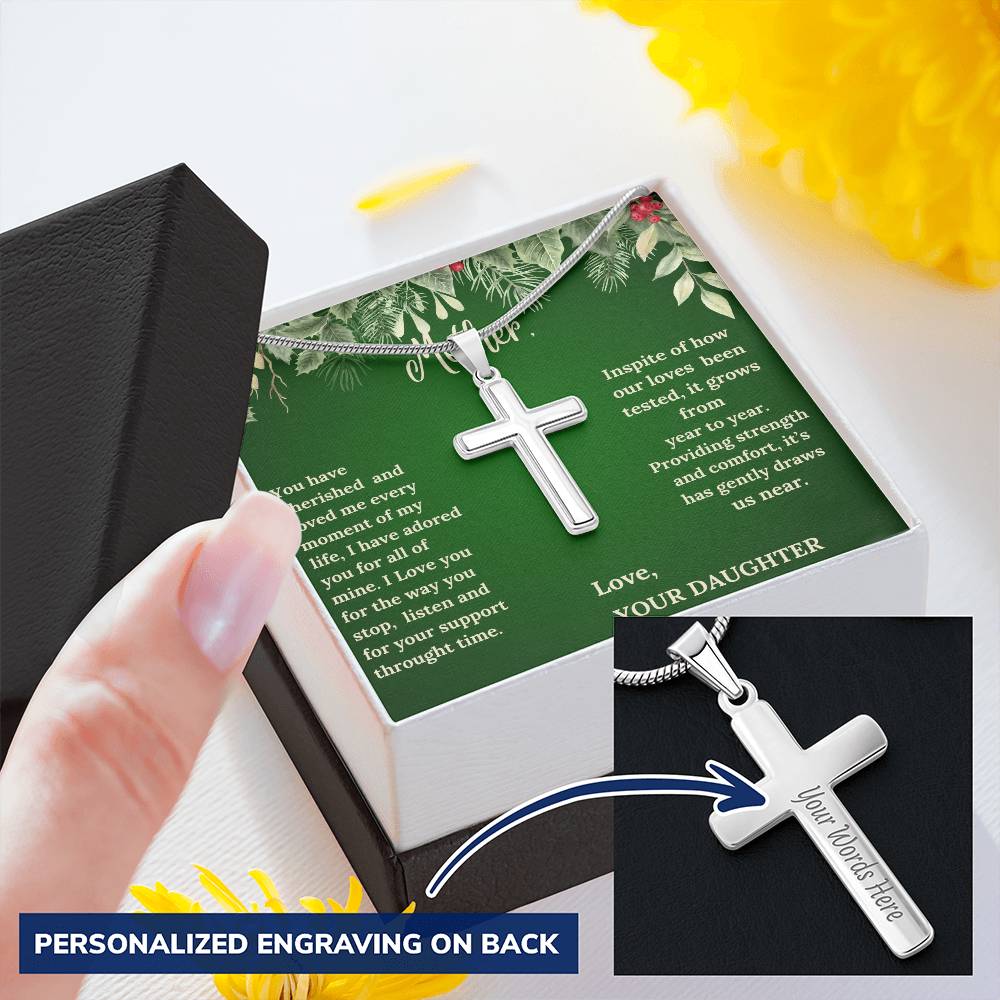 Engraved Stainless Steel Cross Necklace - "Message from a Daughter"