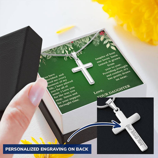 Engraved Stainless Steel Cross Necklace - "Message from a Daughter"