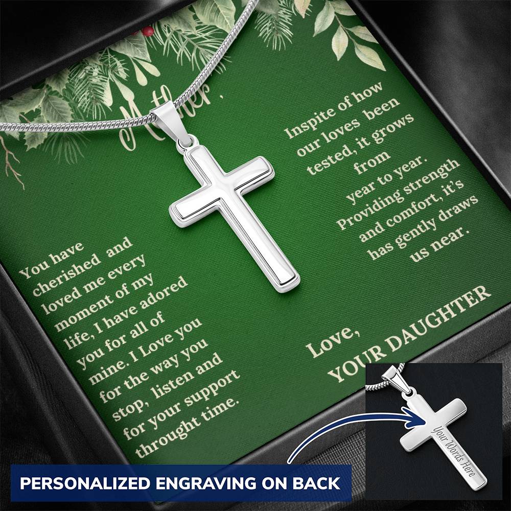 Engraved Stainless Steel Cross Necklace - "Message from a Daughter"