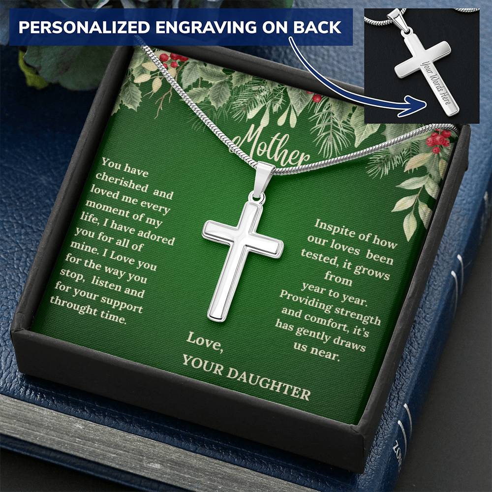 Engraved Stainless Steel Cross Necklace - "Message from a Daughter"