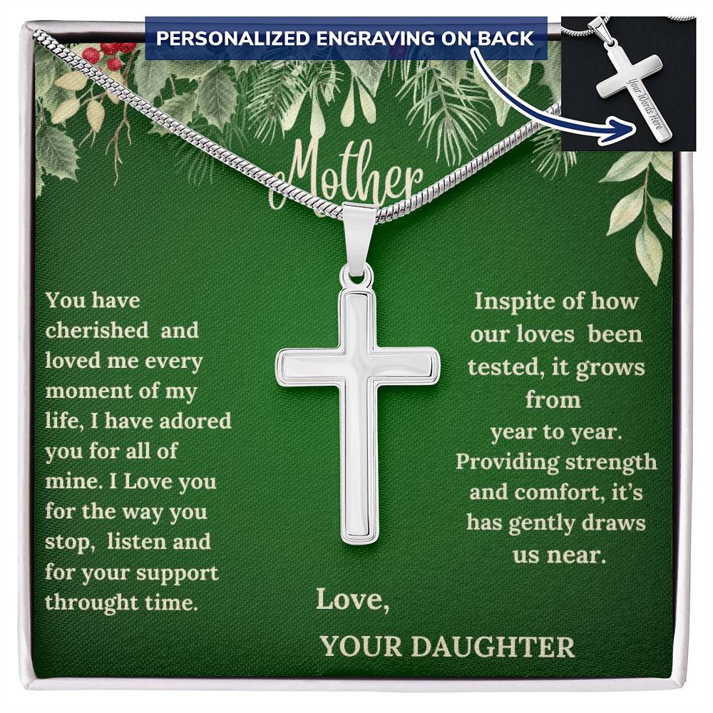 Engraved Stainless Steel Cross Necklace - "Message from a Daughter"