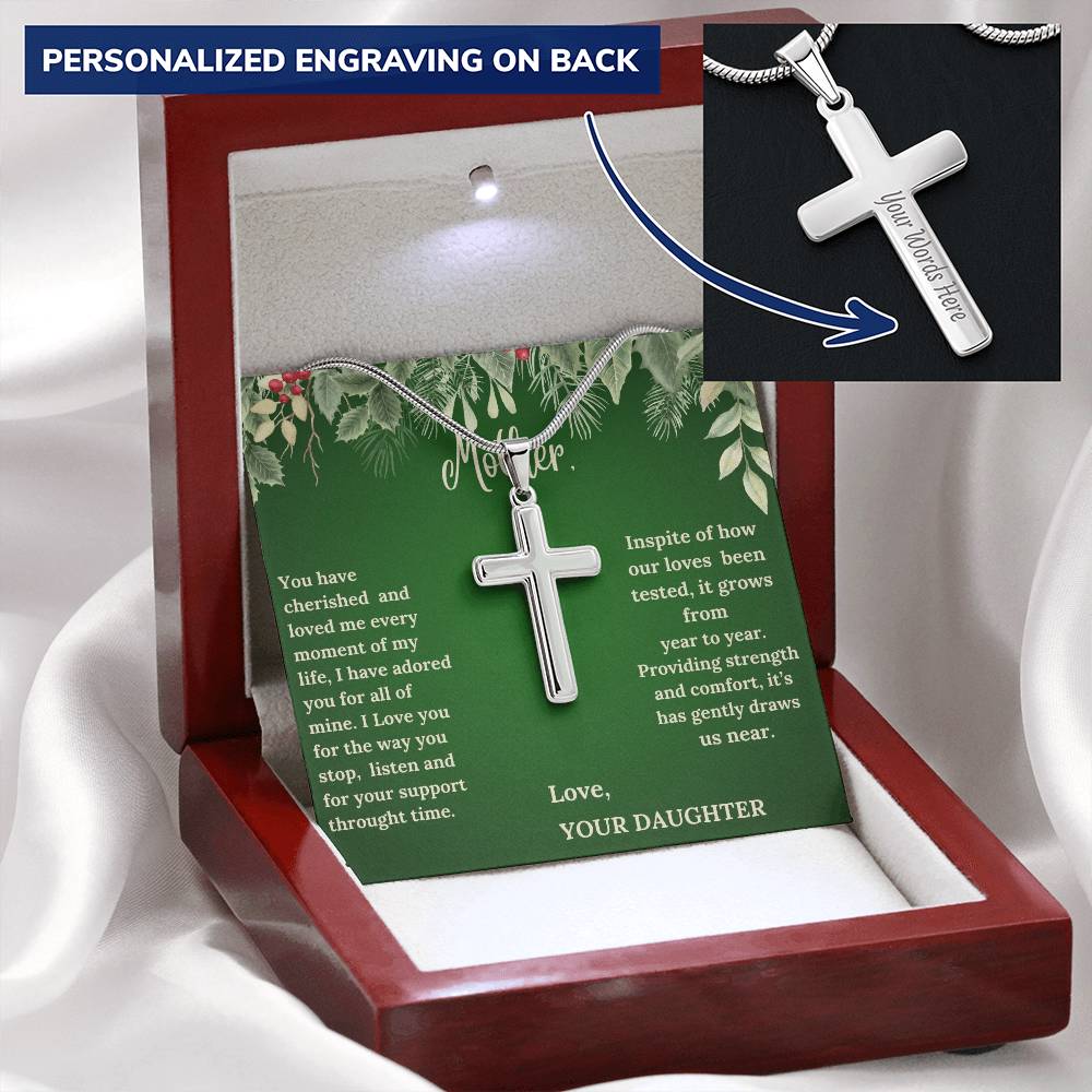 Engraved Stainless Steel Cross Necklace - "Message from a Daughter"