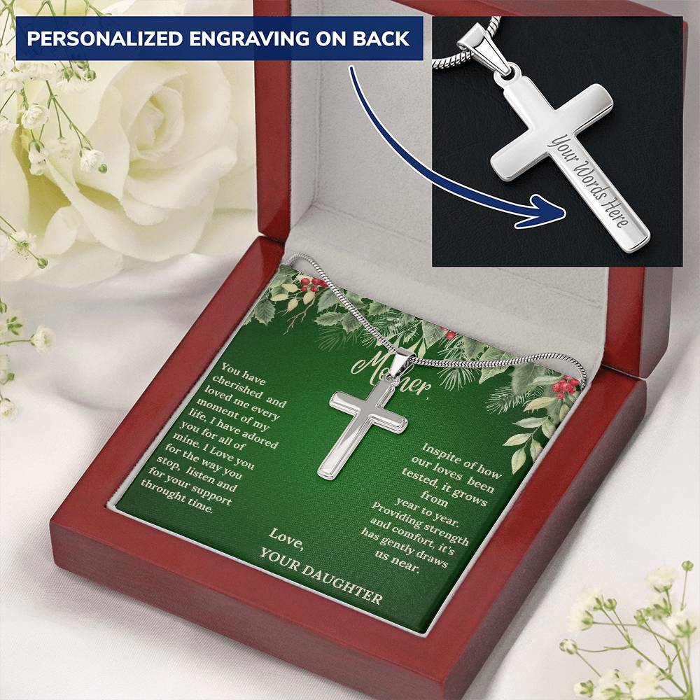 Engraved Stainless Steel Cross Necklace - "Message from a Daughter"