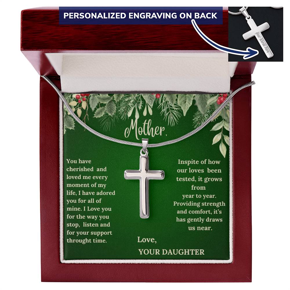 Engraved Stainless Steel Cross Necklace - "Message from a Daughter"