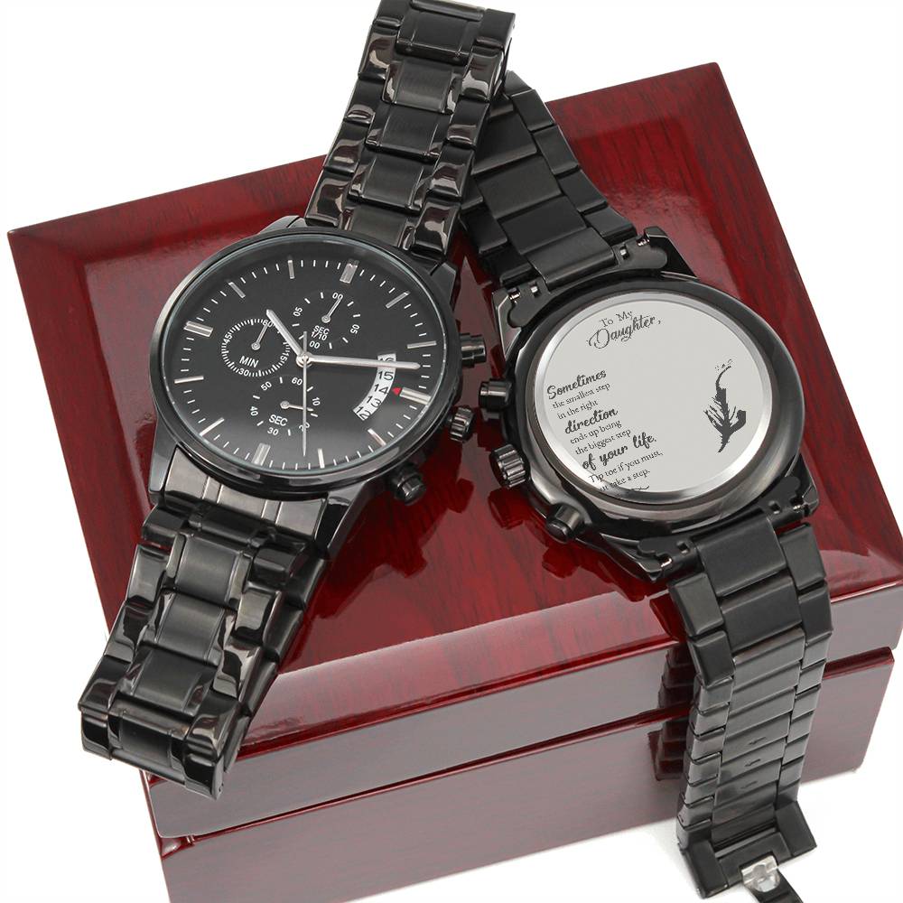 Black Chronograph Watch with Engraving