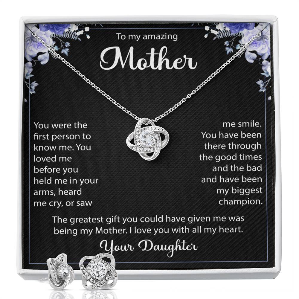 To My Amazing Mother  Love Knot Earring & Necklace Set
