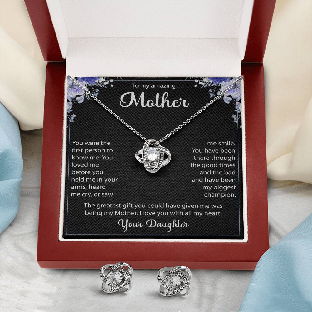 To My Amazing Mother  Love Knot Earring & Necklace Set